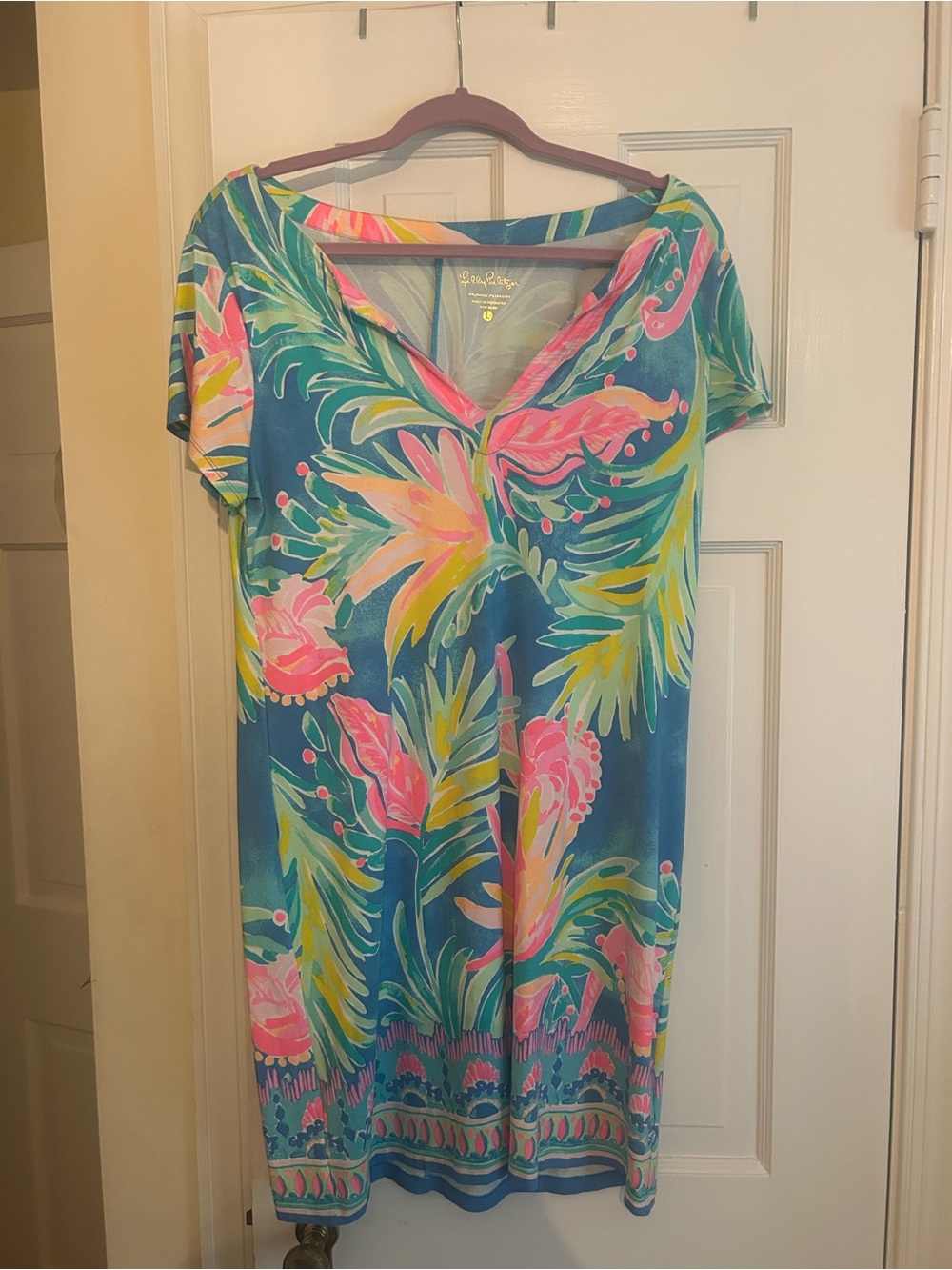 Lilly Pulitzer Teal Floral Midi Dress with Pink & Yellow Accents